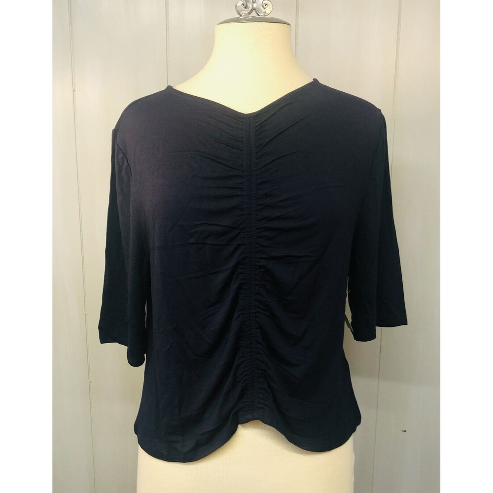 NWT Daily Ritual Women's V-Neck Shirt Top Blue Navy Size XL Cropped & Ruched